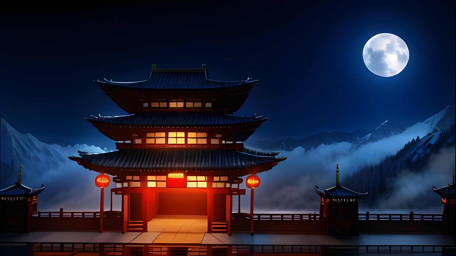 AN素材场景背景ae古代修仙晚上神灵楼房-沙雕动画素材
