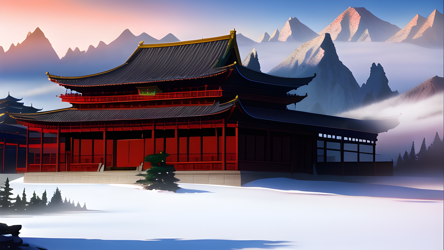 AN素材场景背景ae古代建筑大雾大雪宫殿-沙雕动画素材